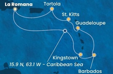 Dominikánská republika, Svatý Vincenc a Grenadiny, Barbados, Guadeloupe, Svatý Kryštof a Nevis, Britské Panenské ostrovy z La Romany na lodi Costa Pacifica