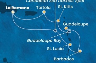 Dominikánská republika, Svatá Lucie, Barbados, Guadeloupe, Svatý Kryštof a Nevis, Britské Panenské ostrovy z La Romany na lodi Costa Fascinosa