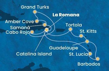 Dominikánská republika, Svatá Lucie, Barbados, Guadeloupe, Svatý Kryštof a Nevis, Britské Panenské ostrovy, Zámořské území Velké Británie z La Romany na lodi Costa Pacifica