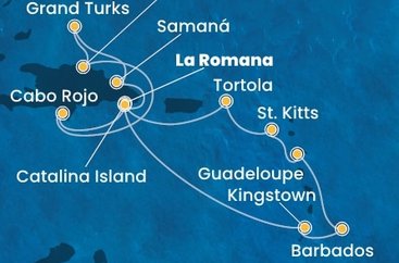 Dominikánská republika, Svatý Vincenc a Grenadiny, Barbados, Guadeloupe, Svatý Kryštof a Nevis, Britské Panenské ostrovy, Zámořské území Velké Británie z La Romany na lodi Costa Pacifica