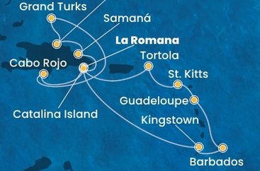 Dominikánská republika, Zámořské území Velké Británie, Svatý Vincenc a Grenadiny, Barbados, Guadeloupe, Svatý Kryštof a Nevis, Britské Panenské ostrovy z La Romany na lodi Costa Pacifica