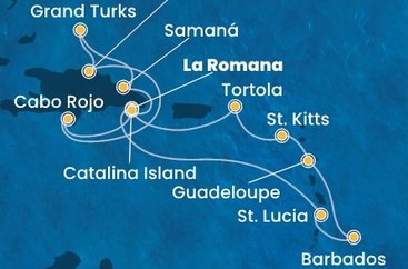 Dominikánská republika, Zámořské území Velké Británie, Svatá Lucie, Barbados, Guadeloupe, Svatý Kryštof a Nevis, Britské Panenské ostrovy z La Romany na lodi Costa Pacifica