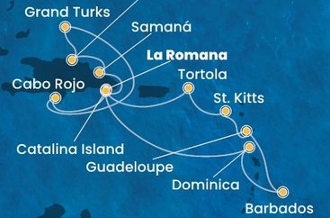 Dominikánská republika, Zámořské území Velké Británie, Dominika, Barbados, Guadeloupe, Svatý Kryštof a Nevis, Britské Panenské ostrovy z La Romany na lodi Costa Pacifica