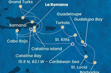 Dominikánská republika, Zámořské území Velké Británie, Svatá Lucie, Barbados, Guadeloupe, Zámořský departement Francie, Svatý Kryštof a Nevis, Britské Panenské ostrovy z La Romany na lodi Costa Pacifica