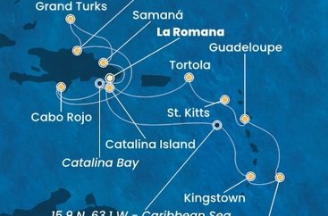 Dominikánská republika, Svatý Vincenc a Grenadiny, Barbados, Guadeloupe, Svatý Kryštof a Nevis, Britské Panenské ostrovy, Zámořské území Velké Británie z La Romany na lodi Costa Pacifica