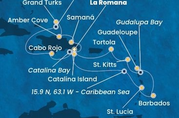 Dominikánská republika, Svatá Lucie, Barbados, Guadeloupe, Zámořský departement Francie, Svatý Kryštof a Nevis, Britské Panenské ostrovy, Zámořské území Velké Británie z La Romany na lodi Costa Pacifica