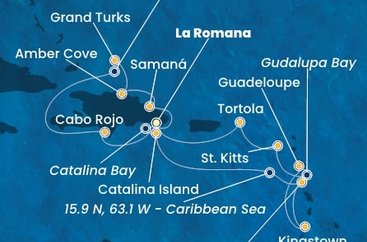 Dominikánská republika, Zámořské území Velké Británie, Dominika, Svatý Vincenc a Grenadiny, Guadeloupe, Zámořský departement Francie, Svatý Kryštof a Nevis, Britské Panenské ostrovy z La Romany na lodi Costa Pacifica