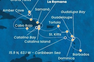 Dominikánská republika, Zámořské území Velké Británie, Dominika, Barbados, Guadeloupe, Zámořský departement Francie, Svatý Kryštof a Nevis, Britské Panenské ostrovy z La Romany na lodi Costa Pacifica