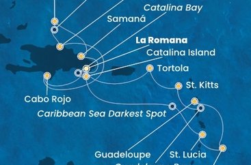 Dominikánská republika, Svatá Lucie, Barbados, Guadeloupe, Svatý Kryštof a Nevis, Britské Panenské ostrovy, Zámořské území Velké Británie z La Romany na lodi Costa Fascinosa