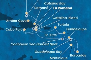 Dominikánská republika, Zámořské území Velké Británie, Martinik, Barbados, Guadeloupe, Svatý Kryštof a Nevis, Britské Panenské ostrovy z La Romany na lodi Costa Fascinosa