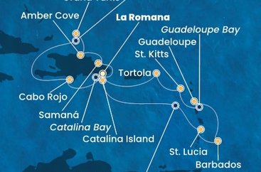 Dominikánská republika, Svatá Lucie, Barbados, Guadeloupe, Svatý Kryštof a Nevis, Britské Panenské ostrovy, Zámořské území Velké Británie z La Romany na lodi Costa Fascinosa