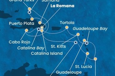 Dominikánská republika, Svatá Lucie, Barbados, Guadeloupe, Svatý Kryštof a Nevis, Britské Panenské ostrovy, Zámořské území Velké Británie z La Romany na lodi Costa Fascinosa