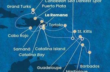 Dominikánská republika, Martinik, Barbados, Guadeloupe, Svatý Kryštof a Nevis, Britské Panenské ostrovy, Zámořské území Velké Británie z La Romany na lodi Costa Fascinosa