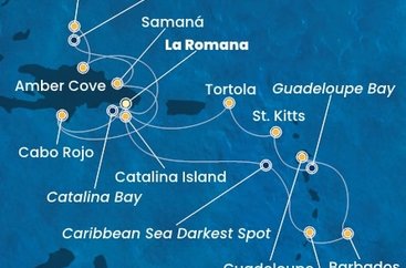 Dominikánská republika, Zámořské území Velké Británie, Svatý Vincenc a Grenadiny, Barbados, Guadeloupe, Svatý Kryštof a Nevis, Britské Panenské ostrovy z La Romany na lodi Costa Pacifica
