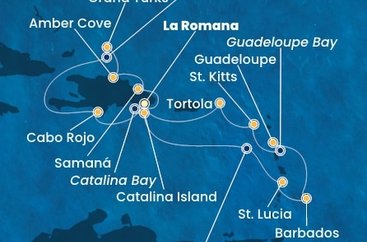 Dominikánská republika, Svatá Lucie, Barbados, Guadeloupe, Svatý Kryštof a Nevis, Britské Panenské ostrovy, Zámořské území Velké Británie z La Romany na lodi Costa Pacifica