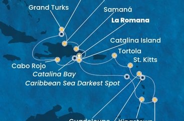 Dominikánská republika, Svatý Vincenc a Grenadiny, Barbados, Guadeloupe, Svatý Kryštof a Nevis, Britské Panenské ostrovy, Zámořské území Velké Británie z La Romany na lodi Costa Pacifica
