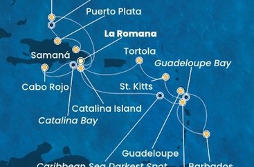 Dominikánská republika, Dominika, Barbados, Guadeloupe, Svatý Kryštof a Nevis, Britské Panenské ostrovy, Zámořské území Velké Británie z La Romany na lodi Costa Pacifica