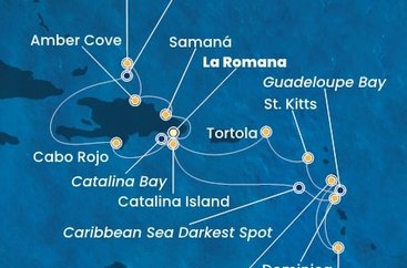 Dominikánská republika, Zámořské území Velké Británie, Dominika, Svatý Vincenc a Grenadiny, Guadeloupe, Svatý Kryštof a Nevis, Britské Panenské ostrovy z La Romany na lodi Costa Pacifica