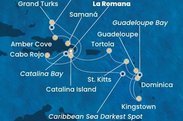 Dominikánská republika, Dominika, Svatý Vincenc a Grenadiny, Guadeloupe, Svatý Kryštof a Nevis, Britské Panenské ostrovy, Zámořské území Velké Británie z La Romany na lodi Costa Pacifica