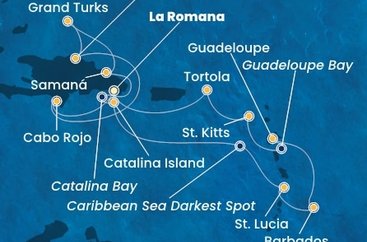 Dominikánská republika, Zámořské území Velké Británie, Svatá Lucie, Barbados, Guadeloupe, Svatý Kryštof a Nevis, Britské Panenské ostrovy z La Romany na lodi Costa Pacifica
