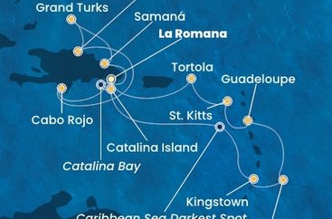 Dominikánská republika, Svatý Vincenc a Grenadiny, Barbados, Guadeloupe, Svatý Kryštof a Nevis, Britské Panenské ostrovy, Zámořské území Velké Británie z La Romany na lodi Costa Pacifica