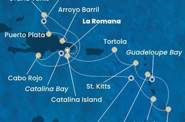 Dominikánská republika, Zámořské území Velké Británie, Svatá Lucie, Barbados, Guadeloupe, Svatý Kryštof a Nevis, Britské Panenské ostrovy z La Romany na lodi Costa Fascinosa