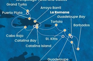 Dominikánská republika, Martinik, Barbados, Guadeloupe, Svatý Kryštof a Nevis, Britské Panenské ostrovy, Zámořské území Velké Británie z La Romany na lodi Costa Fascinosa
