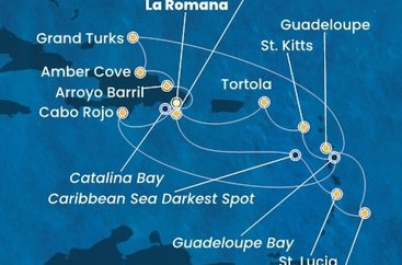 Dominikánská republika, Svatá Lucie, Barbados, Guadeloupe, Svatý Kryštof a Nevis, Britské Panenské ostrovy, Zámořské území Velké Británie z La Romany na lodi Costa Fascinosa