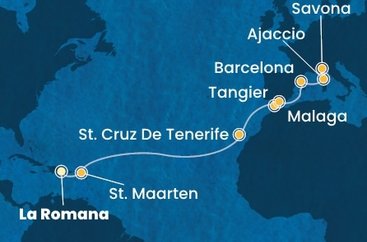 Dominikánská republika, Svatý Martin, Španělsko, Maroko, Francie, Itálie z La Romany na lodi Costa Fascinosa