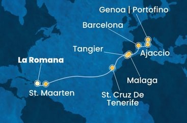 Dominikánská republika, Svatý Martin, Španělsko, Maroko, Francie, Itálie z La Romany na lodi Costa Fascinosa