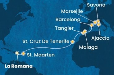 Dominikánská republika, Svatý Martin, Španělsko, Maroko, Francie, Itálie z La Romany na lodi Costa Fascinosa