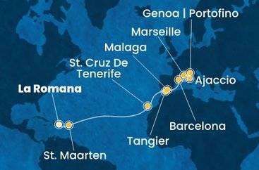 Dominikánská republika, Svatý Martin, Španělsko, Maroko, Francie, Itálie z La Romany na lodi Costa Fascinosa
