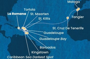 Dominikánská republika, Svatý Vincenc a Grenadiny, Barbados, Guadeloupe, Svatý Kryštof a Nevis, Britské Panenské ostrovy, Svatý Martin, Španělsko, Maroko z La Romany na lodi Costa Fascinosa