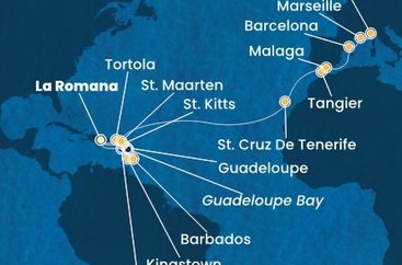 Dominikánská republika, Svatý Vincenc a Grenadiny, Barbados, Guadeloupe, Svatý Kryštof a Nevis, Britské Panenské ostrovy, Svatý Martin, Španělsko, Maroko, Francie, Itálie z La Romany na lodi Costa Fascinosa