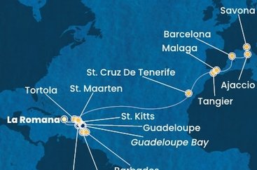 Dominikánská republika, Svatý Vincenc a Grenadiny, Barbados, Guadeloupe, Svatý Kryštof a Nevis, Britské Panenské ostrovy, Svatý Martin, Španělsko, Maroko, Francie, Itálie z La Romany na lodi Costa Fascinosa