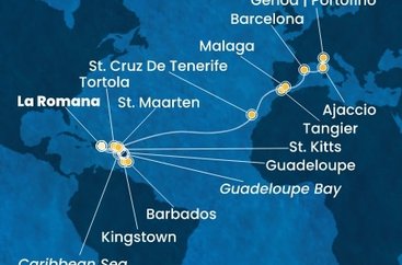 Dominikánská republika, Svatý Vincenc a Grenadiny, Barbados, Guadeloupe, Svatý Kryštof a Nevis, Britské Panenské ostrovy, Svatý Martin, Španělsko, Maroko, Francie, Itálie z La Romany na lodi Costa Fascinosa