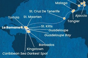 Dominikánská republika, Svatý Vincenc a Grenadiny, Barbados, Guadeloupe, Svatý Kryštof a Nevis, Britské Panenské ostrovy, Svatý Martin, Španělsko, Maroko, Francie, Itálie z La Romany na lodi Costa Fascinosa
