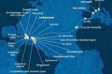 Dominikánská republika, Dominika, Svatý Vincenc a Grenadiny, Guadeloupe, Svatý Kryštof a Nevis, Britské Panenské ostrovy, Zámořské území Velké Británie, Svatý Martin, Španělsko, Francie, Itálie z La Romany na lodi Costa Pacifica