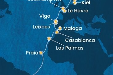 Brazílie, Kapverdy, Španělsko, Maroko, Portugalsko, Francie, Velká Británie, Dánsko, Německo z Maceia na lodi Costa Diadema
