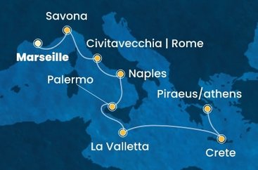 Francie, Itálie, Malta, Řecko z Marseille na lodi Costa Pacifica