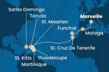 Francie, Španělsko, Portugalsko, Svatý Martin, Martinik, Guadeloupe, Svatý Kryštof a Nevis, Britské Panenské ostrovy, Dominikánská republika z Marseille na lodi Costa Fascinosa