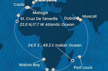 Francie, Španělsko, Namibie, Jihoafrická republika, Mauricius, Omán, Spojené arabské emiráty z Marseille na lodi Costa Smeralda