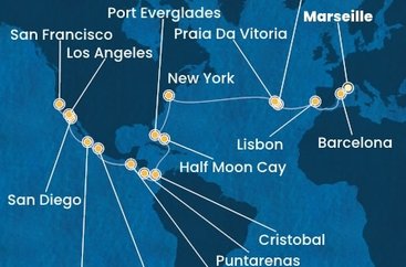 Francie, Španělsko, Portugalsko, USA, Bahamy, Panama, Kostarika, Guatemala, Mexiko z Marseille na lodi Costa Deliziosa
