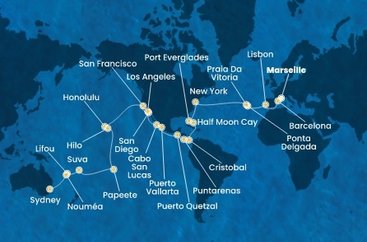 Francie, Španělsko, Portugalsko, USA, Bahamy, Panama, Kostarika, Guatemala, Mexiko, Francouzská Polynésie, Fidži, Nová Kaledonie, Austrálie z Marseille na lodi Costa Deliziosa