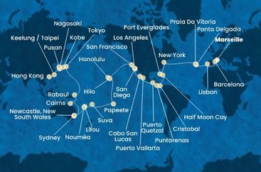 Francie, Španělsko, Portugalsko, USA, Bahamy, Panama, Kostarika, Guatemala, Mexiko, Francouzská Polynésie, Fidži, Nová Kaledonie, Austrálie, Papua Nová Guinea, Japonsko, Jižní Korea, Tchaj-wan, Čína z Marseille na lodi Costa Deliziosa