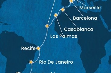 Uruguay, Argentina, Brazílie, Kapverdy, Španělsko, Maroko, Francie, Itálie z Montevidea na lodi Costa Favolosa