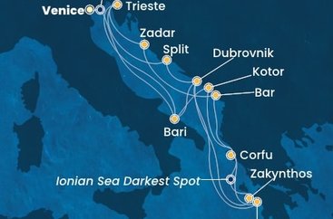 Itálie, Chorvatsko, Řecko, Černá Hora z Marghery na lodi Costa Deliziosa