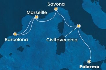 Sicílie, Itálie, Francie, Španělsko z Palerma na lodi Costa Toscana