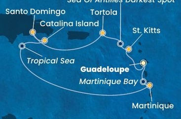 Guadeloupe, Svatý Kryštof a Nevis, Jamajka, Britské Panenské ostrovy, Dominikánská republika, , Martinik, Zámořský departement Francie z Pointe-à-Pitre, Guadeloupe na lodi Costa Fascinosa