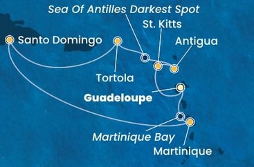 Guadeloupe, Svatý Kryštof a Nevis, Antigua a Barbuda, Britské Panenské ostrovy, Dominikánská republika, Martinik z Pointe-à-Pitre na lodi Costa Favolosa
